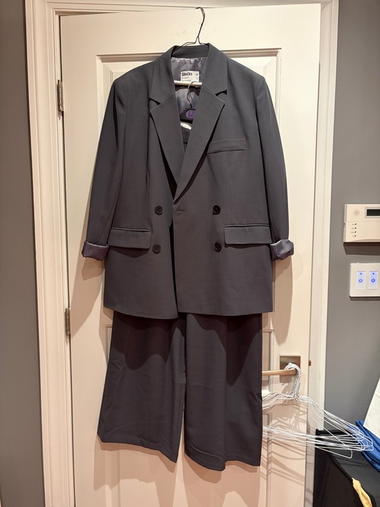 primark Pants - Primark Charcoal Gray Double-Breasted Blazer with Wide-Leg Pants Set